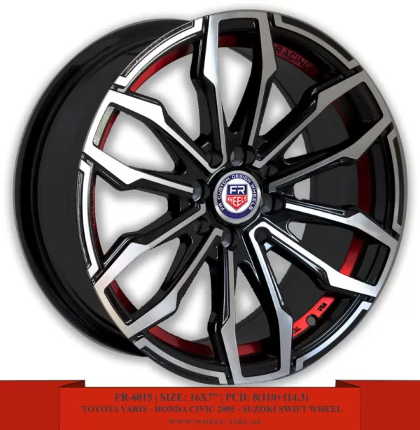 16" machined matte black wheels with red lines for Suzuki Swift, Honda Civic and Toyota Yaris