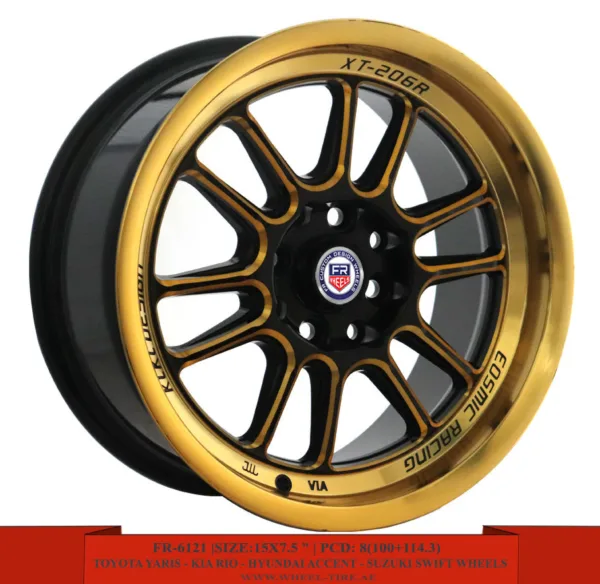 15" black with gold milling and lip alloy wheels for Toyota Yaris, KIA Rio, Hyundai Accent and Suzuki Swift